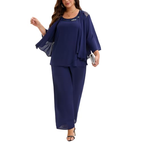 Plus Size Mother of Bride 3 Piece Chiffon Pantsuit Embroidered