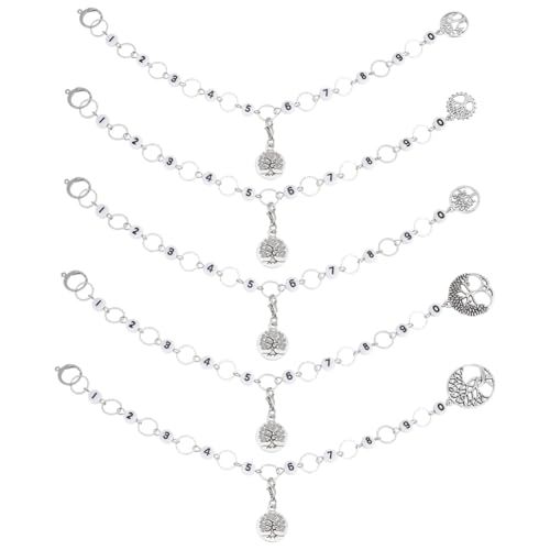 BENECREAT 5 cadenas de acrílico para tejer números y 5 marcadores de puntada de aleación de árbol de la vida con cierres de pinza de langosta para tejer accesorios de costura, plata envejecida