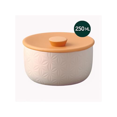 Image of mzon Airtight Ceramic Storage Jars With Rubber Wood Revolving Tray | Bone-Ash Free | Home, Kitchen Table Decor | Wooden Lid | Dry Fruits, Snacks, Spices | Made in India - Set of 4 (250 ml)