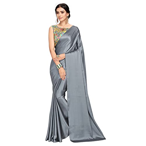 Image of Women Soft Satin Silk Plain Saree With Art Silk Digital Printed Unstiched Blouse Piece.(Heavy Japan Satin Silk Saree of 5.5m saree length + 0.8m blouse piece)