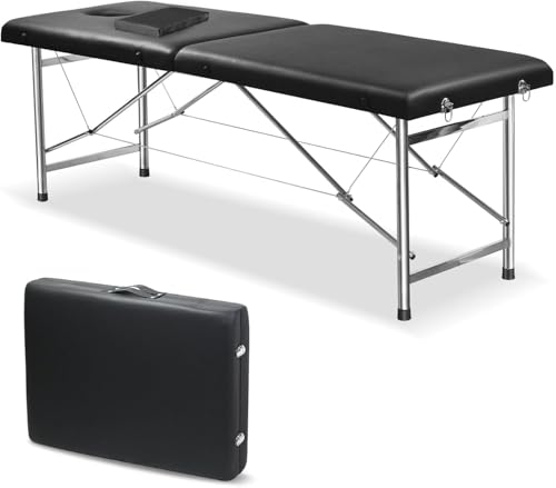 SKY-TOUCH Portable Massage Bed : Foldable Massage Tables with Pillow SPA Bed with Stainless Steel Frame 2 Fold Black for SPA Salon Tattoo Massage Therapeutic Treatment Black