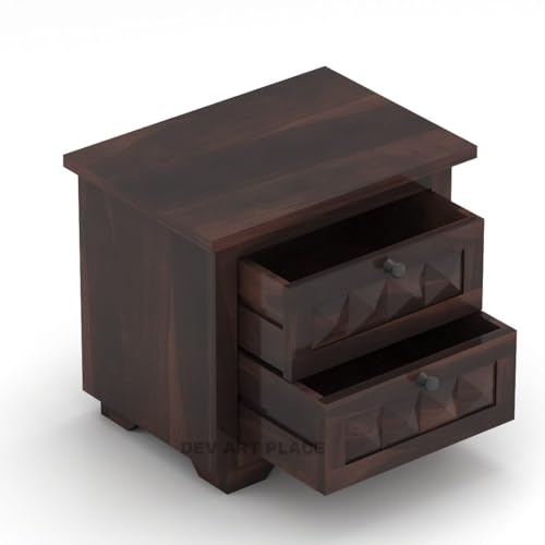 Image of Solid Sheesham Wood Bedside Table for Bedroom | Handmade Pure Wooden Bed Side Nightstand End Table with 2 Drawers Storage for Home & Bed Room | Rosewood, Walnut