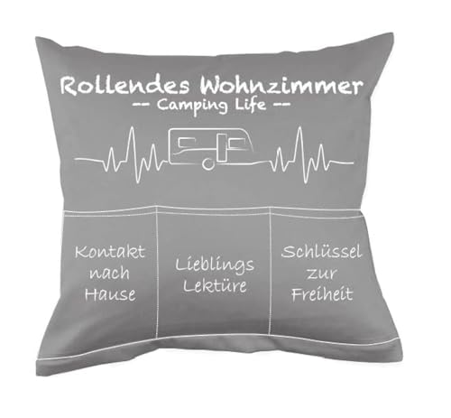 Deggelbam CamperKissen // Kissen für echte Camper Freunde // Camping Wohnmobil Ausstattung // Geschenkidee für Camping // Zeltplatz, 43cm x 43cm x 43cm, Grau