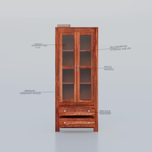 Image of Sheesham Wood Bookshelf with Glass Door for Home Library Solid Wood Bookcase Wooden Crockery Cabinet for Kitchen Book Shelf (Natural Finish)
