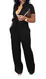 Xinlees Jumpsuit for Women Casual V Neck Short Sleeve Jumpsuits Elegant Stand Collar Button Down Long Pants Rompers Straight Club Outfits with Pockets Belt(Black,Large)