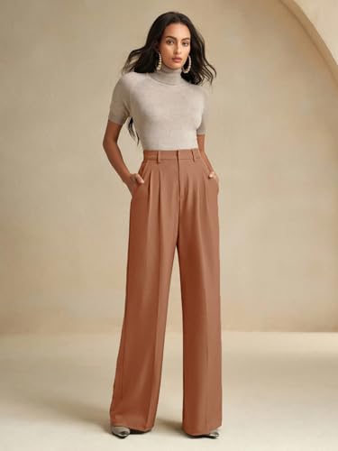 Image of KOTTY Women's High Waist Solid Color Hook and Bar Wide Leg Trousers Loose Comfort Trouser with Pockets