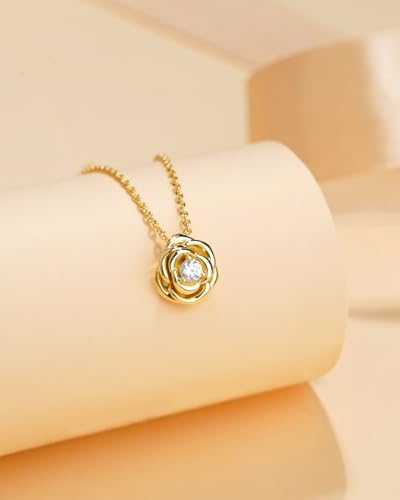 14K Gold Plated Dainty Pendant Necklace for Women: Genuine 925 Sterling Silver Rose Heart Feather Gemstone Zirconia Pendant, Boho Necklace Trendy Jewelry Birthday Gifts for Her Wife Daughter3