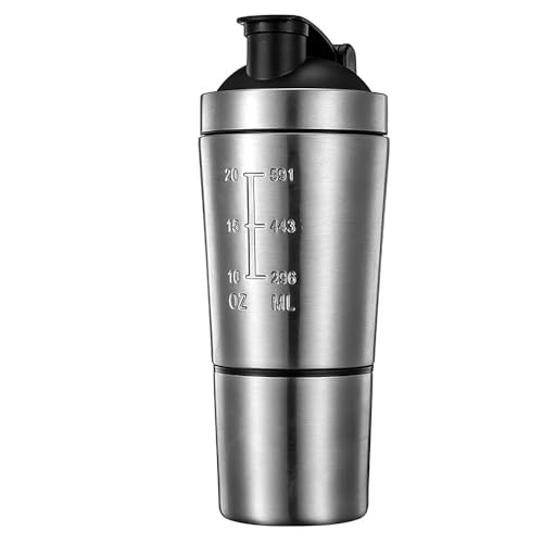 cibooleo 600ml ステンレススチール プロテインシェイカー with 200ml計量カップ & ボール付き - フィットネス、ダイエット、スポーツ用 シェイカーカップ スケール内蔵