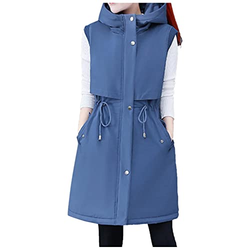 Reokoou Long Down Vest for Women Winter Quilted Zip Jacket Sleeveless Warm Padded Gilet Coat with Hood Plus Size