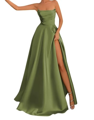 Vestidos de fiesta con hombros descubiertos para mujer, largo y fruncido, de satén, formal, con abertura, verde oliva, 38