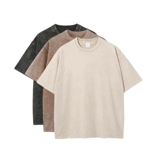 3 Pcs Oversized T-Shirts Heavy Cotton Washed Summer Vintage Tee Loose Fit Short Sleeve Casual Shirts for Men Women (O,XL)
