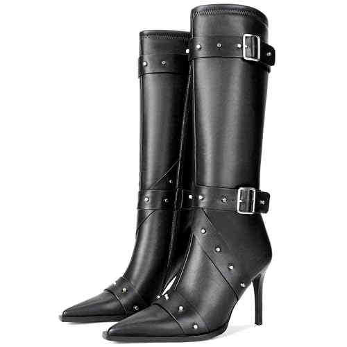 Knee High Boots for Women Pointed Toe Buckle Strap Stiletto Heel Boots Rivets Stud Tall Sexy Dress Long Boots with Zipper