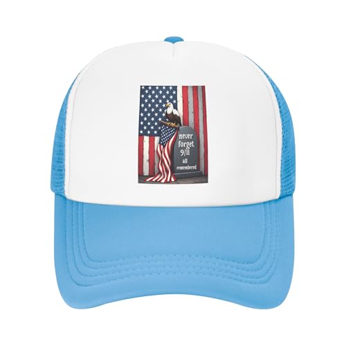Never Forget 9 11 Trucker Hat Memorial Day Patriot Day 24th Anniversary Baseball Cap Mesh Back Adjustable Hats for Kids - Sky Blue