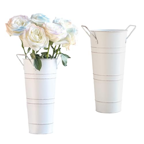 2 Pack 9 Inch Vintage Metal Galvanized Flower Vase, Farmhouse French Flower Bucket Vases with Handles Tall Galvanized Metal Planter Bucket for Home Decor.
