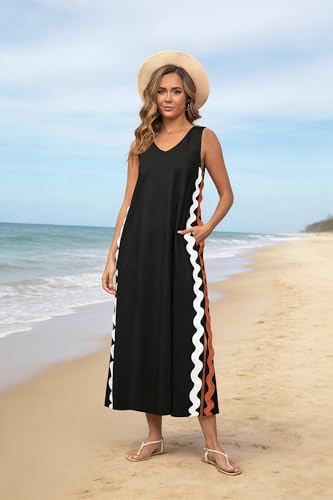Image of utcoco Women's Summer Beach Boho Flowy Maxi Dress Casual Sleeveless V Neck Side Slit RIC Rac Tank Dress