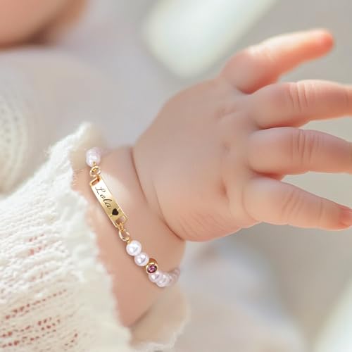 Personalized Name Baby Girl Bracelet 18K Gold Kids Pearl Bracelets Custom Name ID Plate Protection Bracelet for Children Toddler from Mom, Engraved Name for Daughter, Baptism Gifts for Girls3