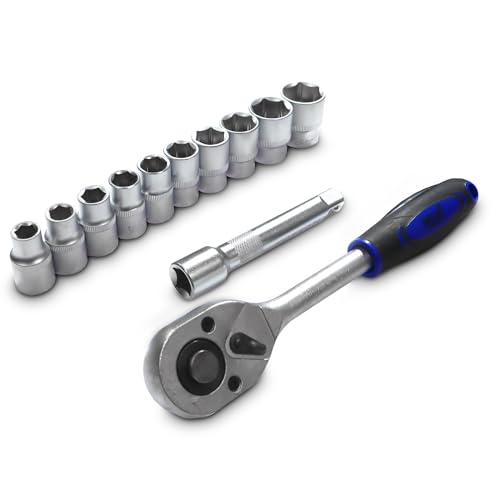 Bituxx 12 Teiliges Nussatz Sechskant mit 250mm Ratsche 1/2 und 125mm Verlängerung Steck Nüsse Stecknuss Werkzeug Set