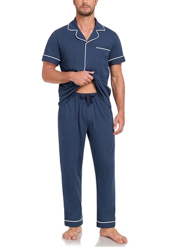 COLORFULLEAF 100% Cotton Mens Pajamas Set Short Sleeve Loungewear with Long Pants Button Down Sleepwear Soft Comfy Pjs