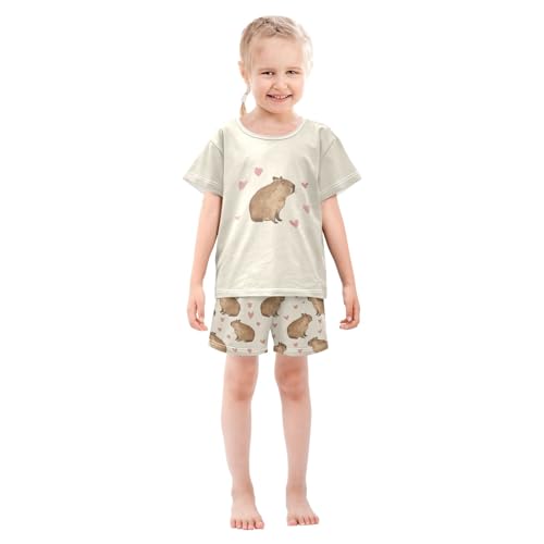 Capybara with Pink Hearts Summer Cute Pajama Sets, Short Sets for Sleep Wears3