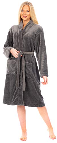 Adore Home Ladies Flannel Fleece Bathrobe Soft & Warm Dressing Gown Bath Robe Shawl Collar, Charcoal, L-XL