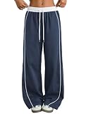 ZAFUL Womens Parachute Pants Y2K Wide Leg Cargo Sweatpants Drawstring Waist Jogger Pants with Pockets Navy Blue S