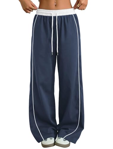ZAFUL Womens Parachute Pants Y2K Wide Leg Cargo Sweatpants Drawstring Waist Jogger Pants with Pockets Navy Blue S