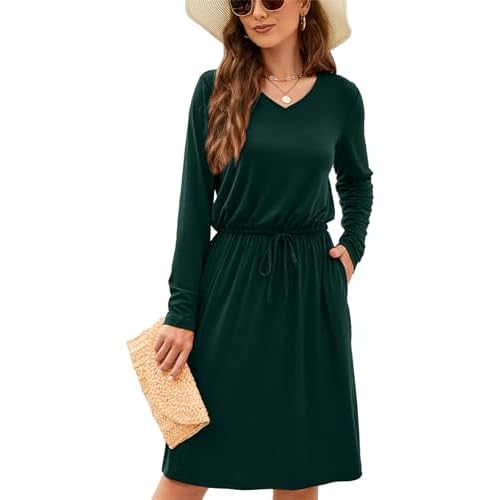 HUSKARY Women Summer Casual Midi Dresses Short Sleeve V Neck Drawstring Knee Length T Shirt Dress with Split and Pocket Army Green Small