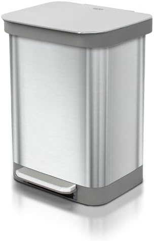 Glad Stainless Steel Step Trash Can, Series 2 with Clorox Protection - Large Metal Kitchen Garbage Bin with Soft Close Lid, Foot Pedal and Waste Bag Roll Holder, 13 Gallon