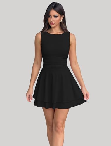 Image of IWD Women's Boat Neck Sleeveless Mini Dress Ruched Waist Flowy Tiered Ruffle Hem A Line Party Short Dresses