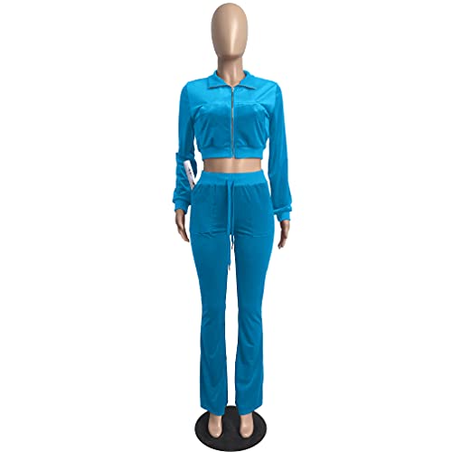 Ksotutm Women's Velour Tracksuit Two Piece Outfits Sexy Velvet Sweatsuits Set Long Sleeve Zip Crop Tops And Flared Wide Leg Pants Suit #TOP3