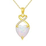 Ayafee 14K Solid Gold White Opal Necklace for Women Yellow Gold Heart Opal Pendant with Real Diamond Dainty Opal Jewelry for Her