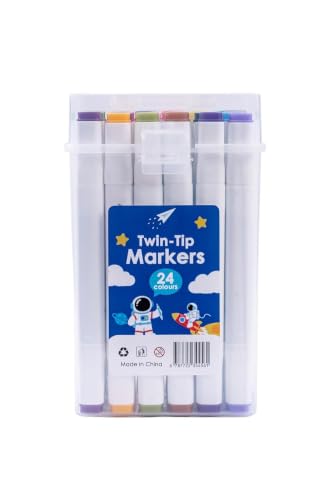 Image of Twin-Tip Marker Pens Set | Dual Tip Art Markers with Fine & Broad Nibs | Assorted Color Sketch Pens with Storage Case for Drawing, Coloring, School Projects, Kids & Adults (Pack Of 24)