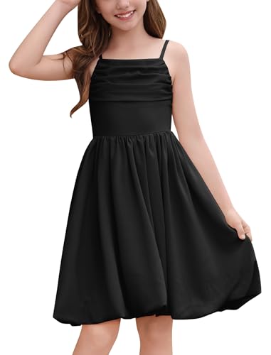 ODIZLI Girl's Spaghetti Strap A Line Ruched Bubble Dress Tween Girls Short Prom Dance Graduation Dresses Party Summer