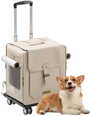 Galatée Pet Backpack with Wheels, Pet Stroller, Dog Travel Bag with Removable Swivel Wheels, Dog Backpack with Mesh Ventilation Windows(White)