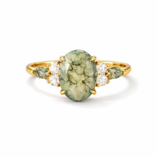 14K Yellow Gold Oval Cut Moss Agate Engagement Ring Vintage Boho Nature Inspired Alternative Bridal Promise Anniversary Jewelry Gift for Her