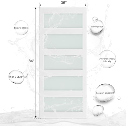 Image of SmartStandard 36 x 84 in Sliding MDF Barn Door Pre-Drilled Ready to Assemble, Waterproof PVC Coating, Interior Single Door Only, White, 5-Panel Glass