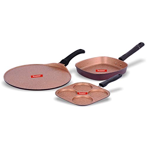 Image of Sumeet Nonstick Granite Finish DOROTHY cookware set (Grill Pan 22cm Dia + Mini Multi Snack Maker - 4 Cavity - 19.5cm Dia + Tawa 30.5cm Dia)