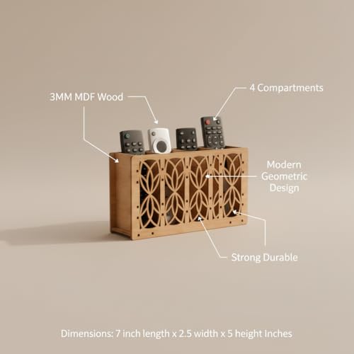 Image of Wooden Remote Holder for Table - 4 Slot Remote Organizer Caddy Decorative Laser Cut TV Remote Control Storage Stand for Coffee Table, Living Room & Office Size 7 x 5 x 2.5 Inches