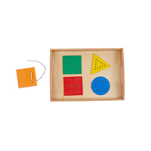 Image of Adena Montessori Toys Threading Game Colorful Lacing Wooden Shapes with Tray for 1 2 3 Years Old Baby