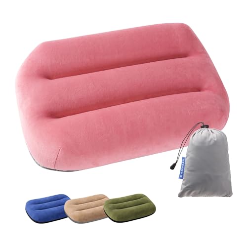 Image of Inflatable Camping Pillow - Ultralight Compact Travel Pillow, Picnic-Pink | Beach, Blow Up, Portable, Sleeping Bag Pillow, Backpacking, Soft Velvet Cover, Machine Washable Air Pillow