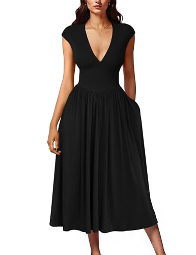 YMDUCH Women's Casual Deep V Neck Cap Sleeve Back Tie A-Line Swing Midi Dress with Pockets Black