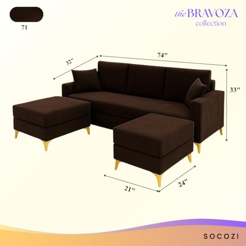 Image of SOCOZI Bravelle 5 Seater L Shape Sofa Set with 2 Movable Ottomans | Flexible Layout| Soft Velvet Suede Fabric|Modern Sofa | Plush Comfort Cushions for Living Room (Dark Brown)