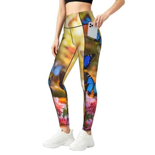 Pantalones de yoga holgados que evitan la presión en la cintura con estampado floral azul