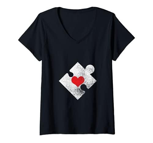 Mujer Autismo Conciencia Puzzle Tolerancia Trastorno Social del Corazón Camiseta Cuello V