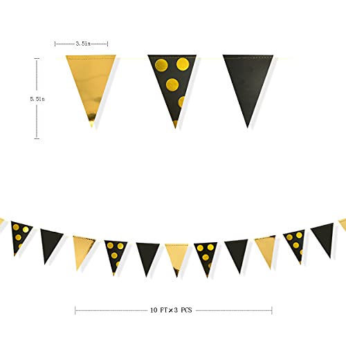 Image of 30Ft Black Gold Party Decorations Polka Dot Pennant Banner Paper Circle Dot Triangle Flags Bunting Garland for Wedding Bridal Shower Birthday Bachelorette Engagement Anniversary Holiday Party Supplies