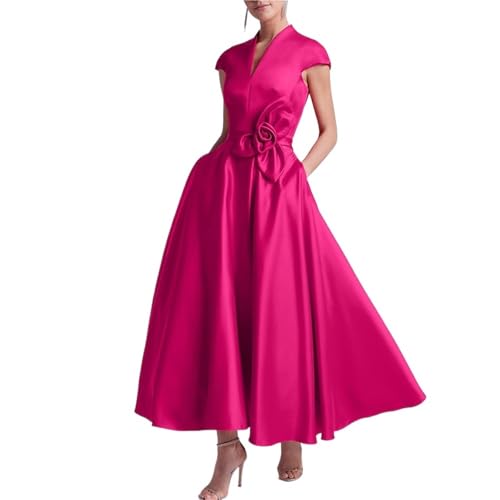 AHUFGN Mother Of The Bride Outfits Satin Cap Sleeve V Neck A-Line Party Gowns(14)