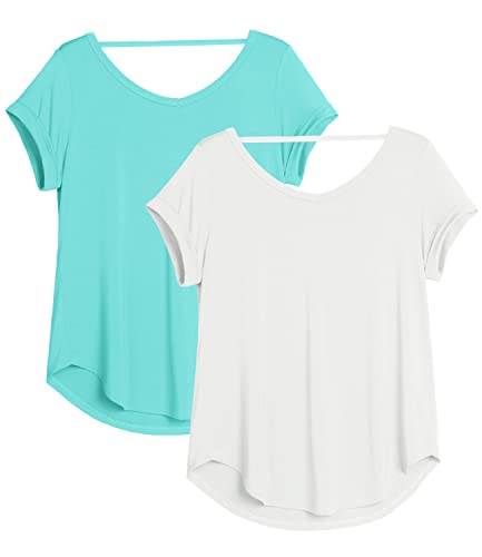 icyzone Damen Rückenfrei Yoga T-Shirt Kurzarm Sport Freizeit Tops Lose...
