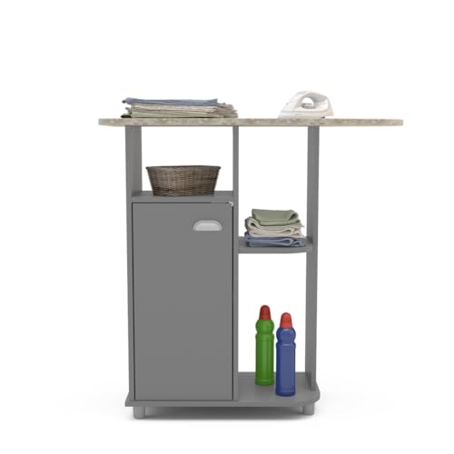 Mueble Planchador Gris con Tapa en Efecto Madera Aserrada – 90x36,5x91 cm – Armario con Balda Interior y Tiradores en Gris Plata