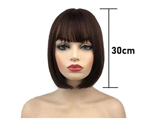 Foto von Perücke, 100% Echthaar, Brasilianisches echtes Haar, 30 cm lang, Bob mit Stirnfransen, dunkelbraun, kurz, gerade kann gefärbt, getönt, gewellt werden. Hält ein Leben lang braun