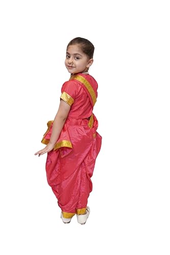 Image of Kaku Fancy Dresses Silk /Polyester Marathi Girl Lavni Folk Dance Costume With Jewellery For Kids-Magenta|14-17 Years